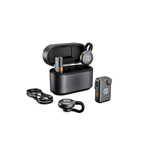 Hollyland LARK M2S Combo wireless microphone set with camera receiver, USB-C receiver, and Lightning cable in space gray. – image 1
