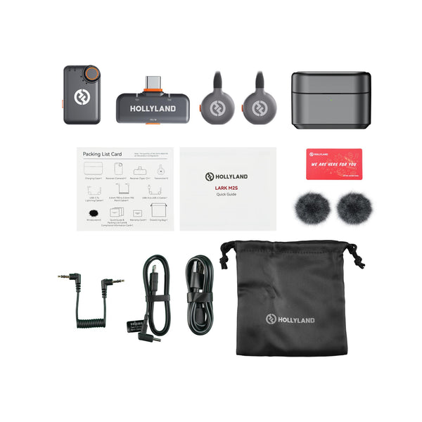 Hollyland LARK M2S Combo wireless microphone set with camera receiver, USB-C receiver, and Lightning cable in space gray. – image 2