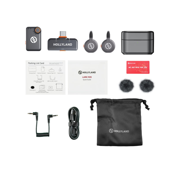 Hollyland LARK M2S Mini Combo wireless microphone system with camera and USB-C receivers in space gray, compact production equipment – image 2