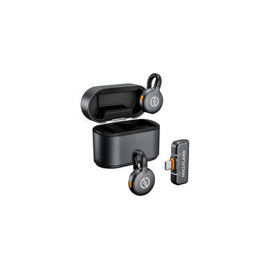 Hollyland LARK M2S Duo wireless microphone system in space gray with USB-C receiver and transmitter for professional audio recording.
