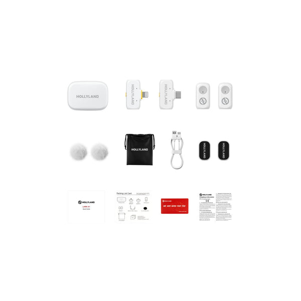 Hollyland LARK A1 Combo wireless microphone set with ivory white receiver and charging case, featuring USB-C and Lightning connectors. – image 1