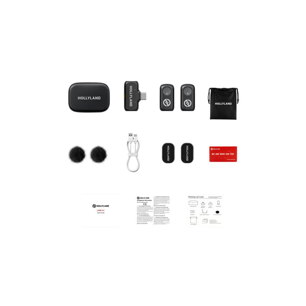 Hollyland LARK A1 Duo wireless microphone in space gray with USB-C receiver and charging case, ready for professional audio recording. – image 1