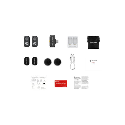 Hollyland LARK A1 Mini Duo wireless microphone set in space gray with USB-C receiver, compact production equipment for professional audio.