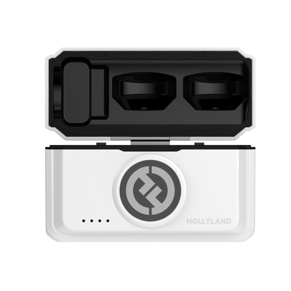 Hollyland LARK M2 wireless lavalier microphone combo in ivory white with charging case, suitable for professional production equipment. – image 3