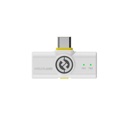 Hollyland LARK M2 wireless lavalier microphone duo with USB-C plug in ivory white for production equipment, shown with USB-C connectors.