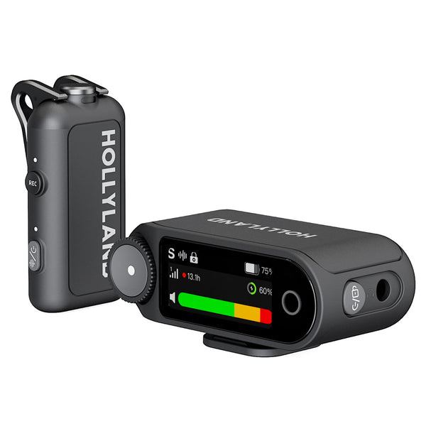 Hollyland LARK MAX 2 Solo wireless microphone in space gray with camera receiver, compact production equipment for professional audio. – image 1