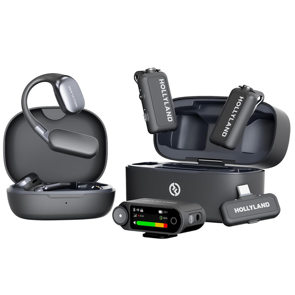 Hollyland LARK MAX 2 Ultimate Combo wireless microphone set with OWS monitor earphone, camera receiver, and USB-C receiver in space gray. – image 1