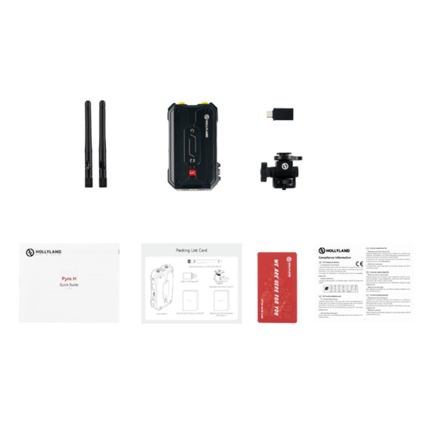 Hollyland Pyro H wireless video transmitter for production equipment, shown from a complete view with antenna and connection ports. – image 2