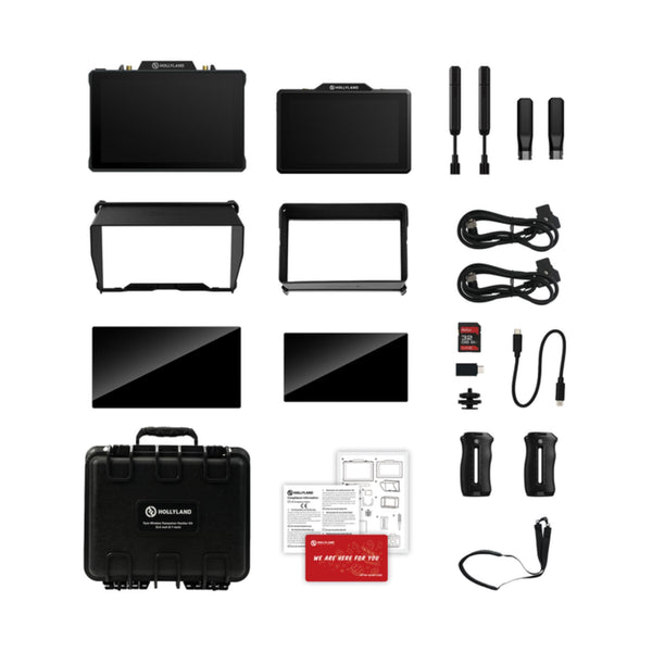 Hollyland Pyro wireless transceiver monitor kit with 5.5-inch and 7-inch screens, featuring production equipment setup and controls. – image 1