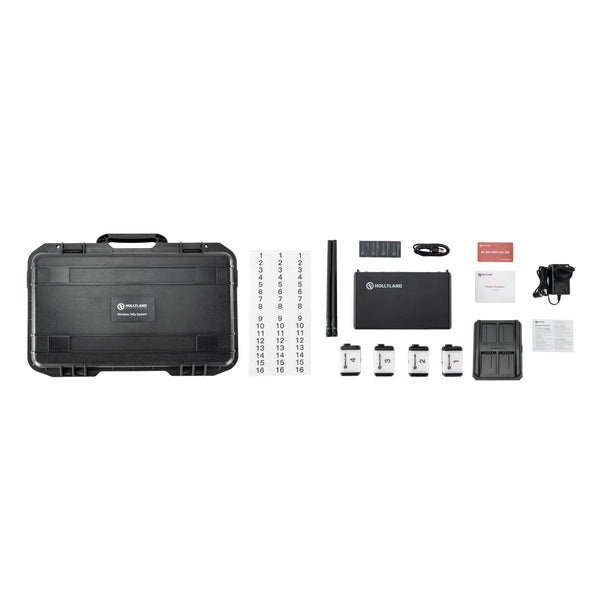 Hollyland Wireless Tally System with four lights for production equipment, showing complete setup and wireless signal indicators. – image 2