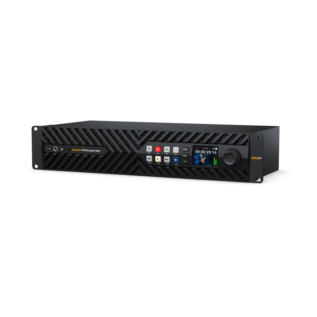 Blackmagic Design HyperDeck ISO Recorder 100G seen from an angle, showcasing its professional video recording interface and design. – image 2