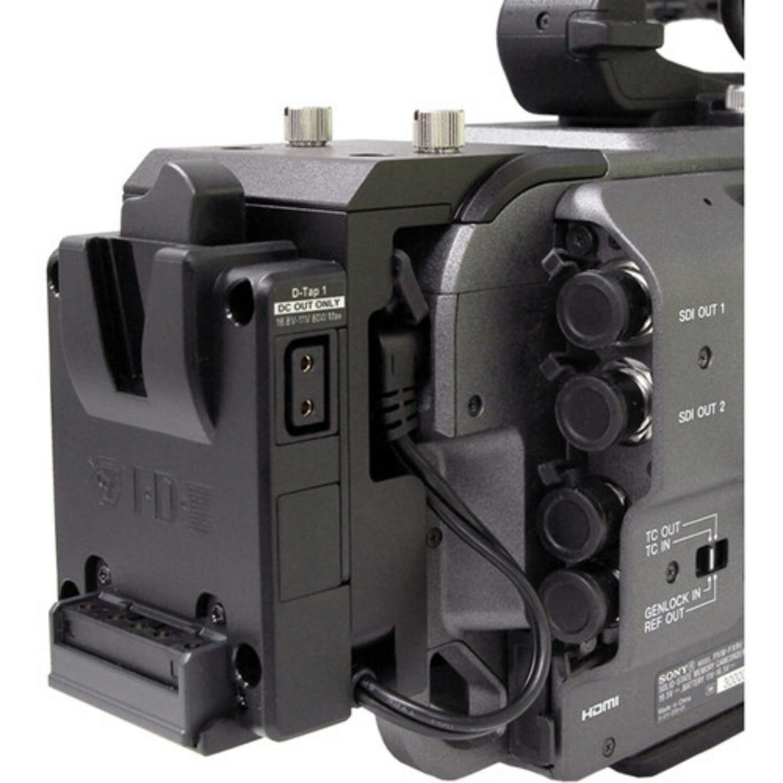 IDX System Technology A-DCFX9 V-Mount Adapter installed on Sony PXW-FX9 camera, showing the angled back view – image 6