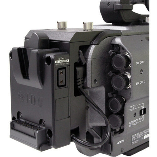 IDX System Technology A-DCFX9 V-Mount Adapter installed on Sony PXW-FX9 camera, showing the angled back view – image 6