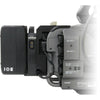 IDX System Technology A-DCFX9 V-mount adapter installed on Sony PXW-FX9 camera, right side view showing connection interface