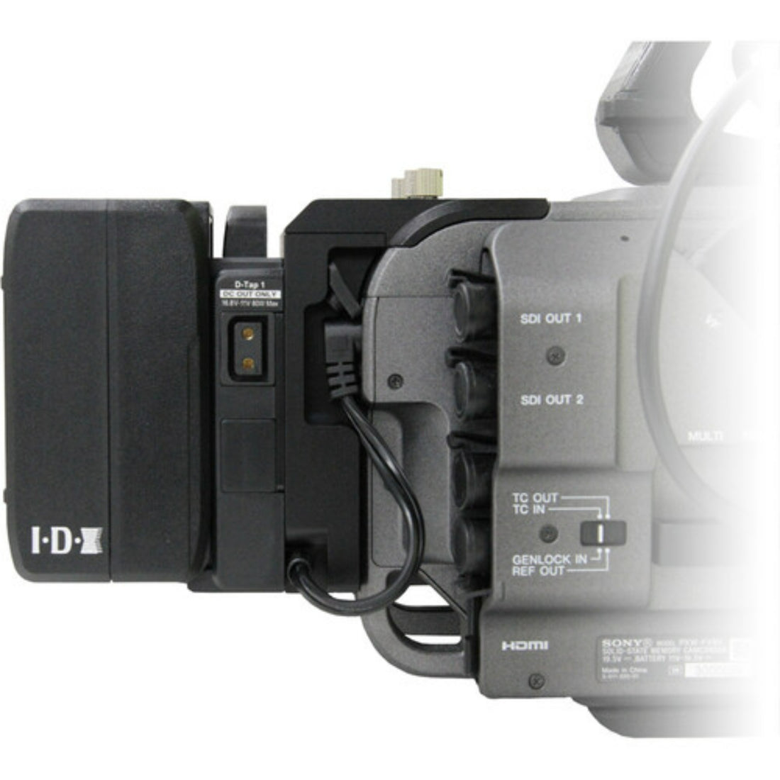 IDX System Technology A-DCFX9 V-mount adapter installed on Sony PXW-FX9 camera, right side view showing connection interface – image 7