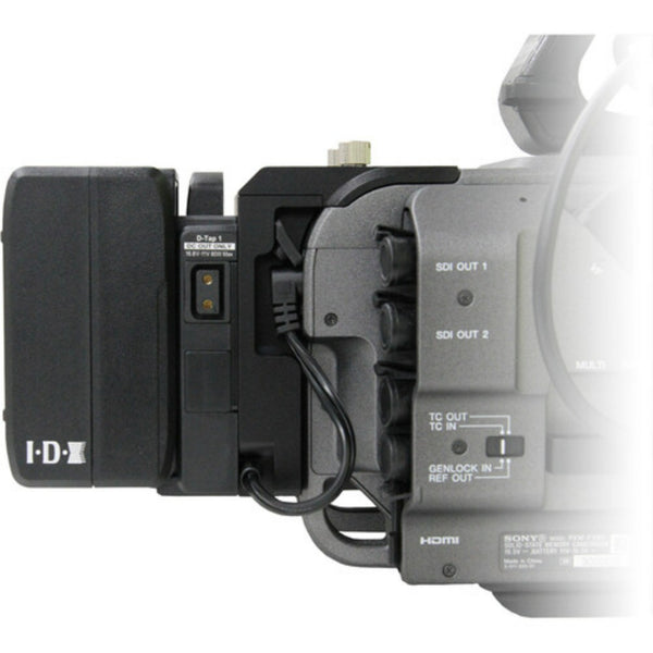 IDX System Technology A-DCFX9 V-mount adapter installed on Sony PXW-FX9 camera, right side view showing connection interface – image 7