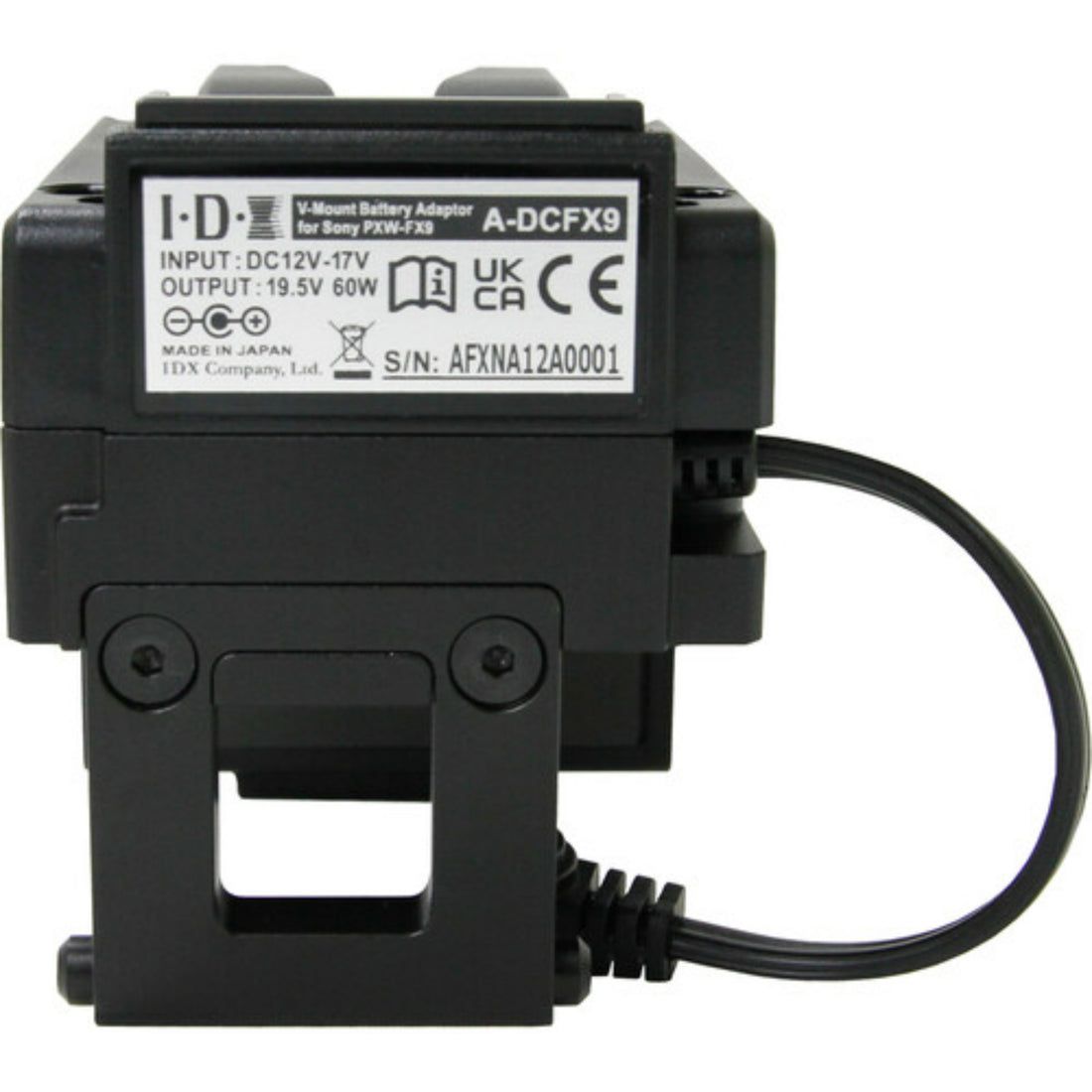 IDX System Technology A-DCFX9 V-mount adapter for Sony PXW-FX9 with product label and specifications. – image 5