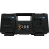 IDX System Technology BL-4SX B-Mount battery charger for 4-channel simultaneous quick charging, with front view display and multiple charging ports.