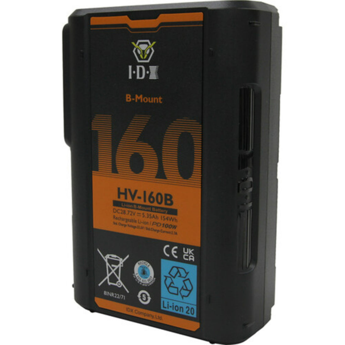 IDX System Technology HV-160B 28.8V high-load Li-Ion B-Mount battery with D-Tap and USB-PD ports, front left view. – image 2