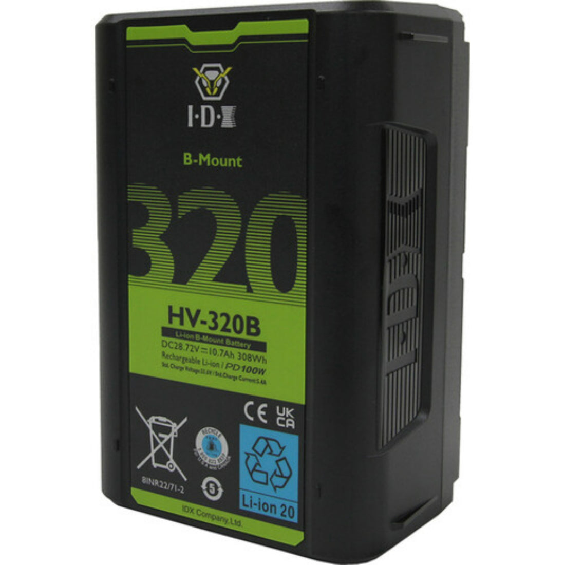 IDX System Technology HV-320B high-load 28.8V Li-Ion B-Mount battery with D-Tap and USB-PD ports, front left view. – image 2