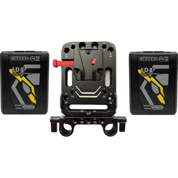 IDX System Technology Imicro-98 batteries with V-Mount plate kit, featuring two batteries and mounting hardware for professional camera setups. – image 1