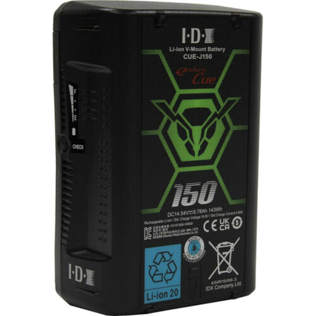 IDX System Technology CUE-J150 V-Mount Battery with 143Wh capacity, front left view showing V-mount connector and digital display. – image 2
