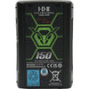 IDX System Technology CUE-J150 V-Mount battery with 143Wh capacity, front view showing V-mount connector and display panel.