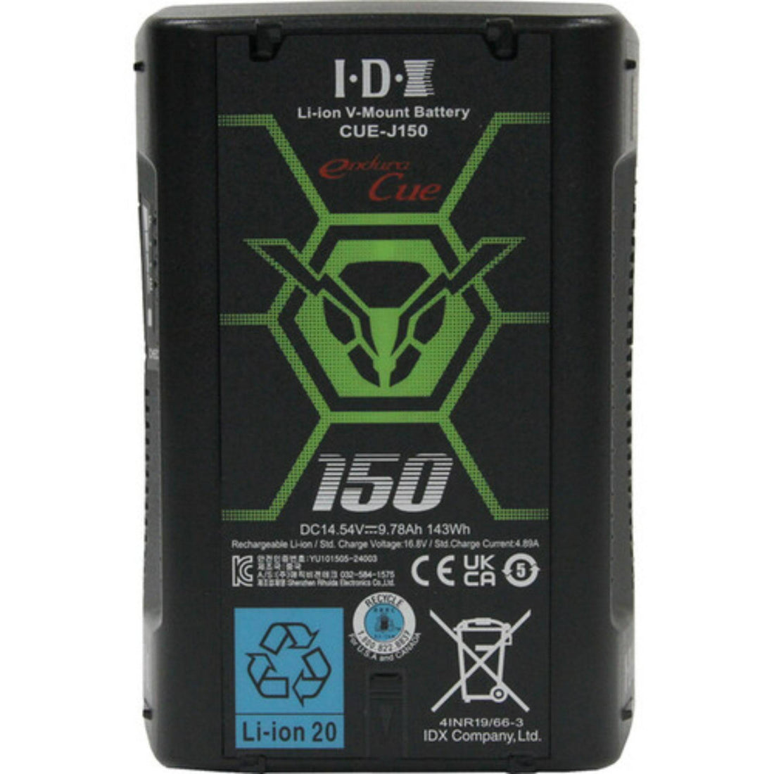 IDX System Technology CUE-J150 V-Mount battery with 143Wh capacity, front view showing V-mount connector and display panel. – image 1