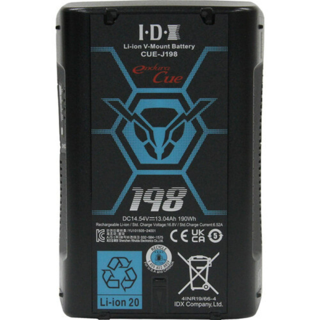 IDX System Technology CUE-J198 V-Mount Battery with 190Wh capacity, front view showing V-mount connector and display panel. – image 1