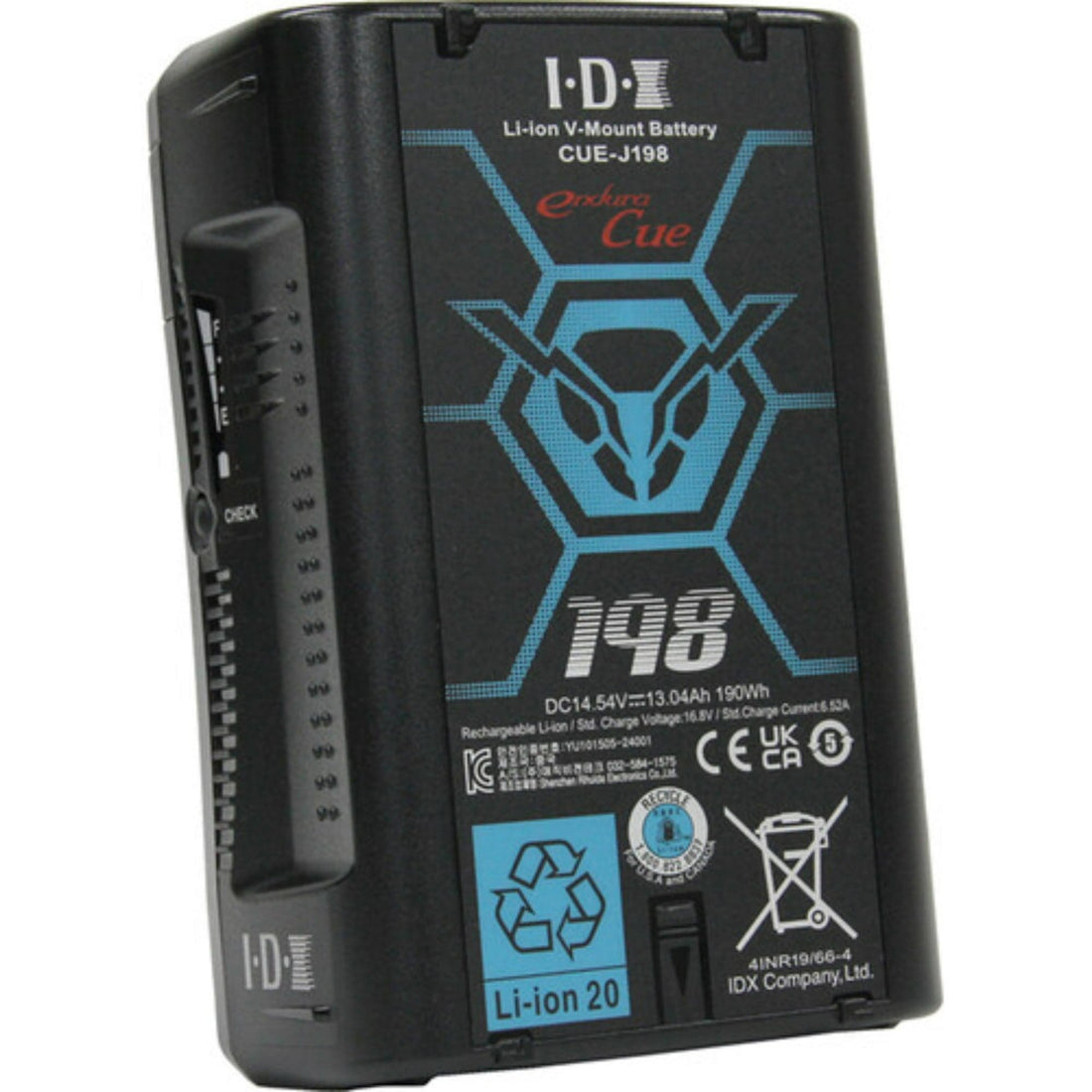 IDX System Technology CUE-J198 V-Mount Battery with 190Wh capacity, shown from the right side in the image. – image 3