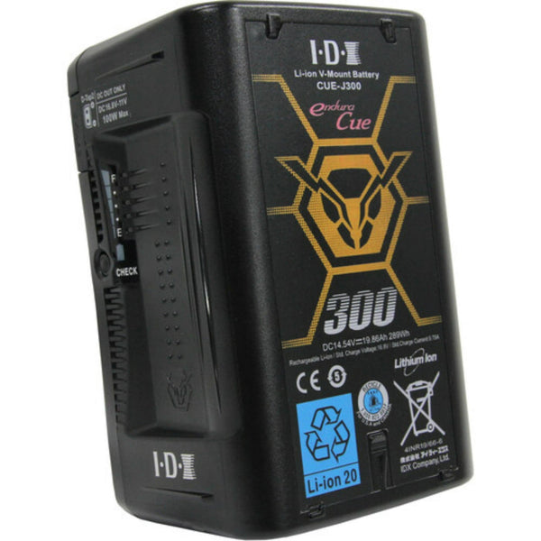 IDX System Technology CUE-J300 high-load V-mount battery with 286Wh capacity, shown from front right angle. – image 2