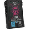 IDX System Technology CUE-J98 V-Mount Battery with 95Wh capacity, shown from a right-side view.