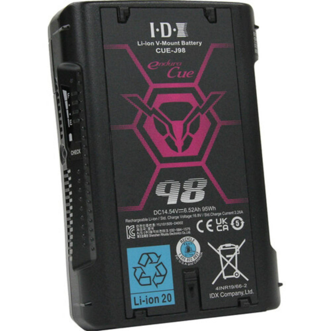 IDX System Technology CUE-J98 V-Mount Battery with 95Wh capacity, shown from a right-side view. – image 3