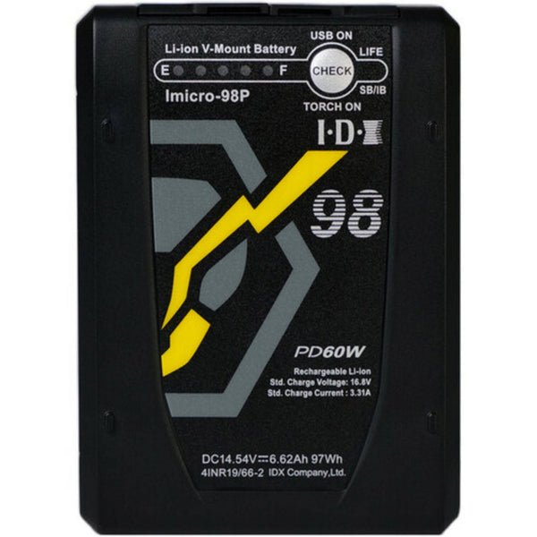 Front view of IDX System Technology Imicro-98P 97Wh high-load lithium-ion mini V-mount battery for video cameras. – image 1