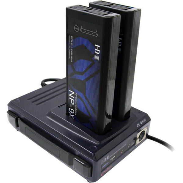 IDX System Technology ID-NP-9X dual battery charging station on JL-2 Plus dock, showing multiple batteries charging simultaneously. – image 5