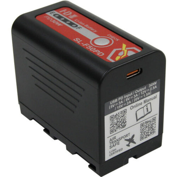 IDX System Technology SL-F50PD Sony L-Series battery with USB-C PD port and X-Tap, rear angle view showing connection ports. – image 2