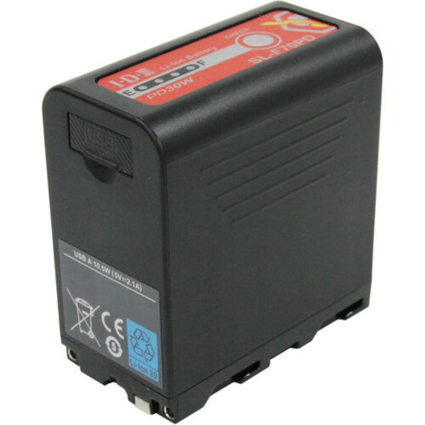 IDX System Technology SL-F70PD Sony L-Series battery with USB-C PD and X-Tap, shown from left perspective with covered USB-A port. – image 1
