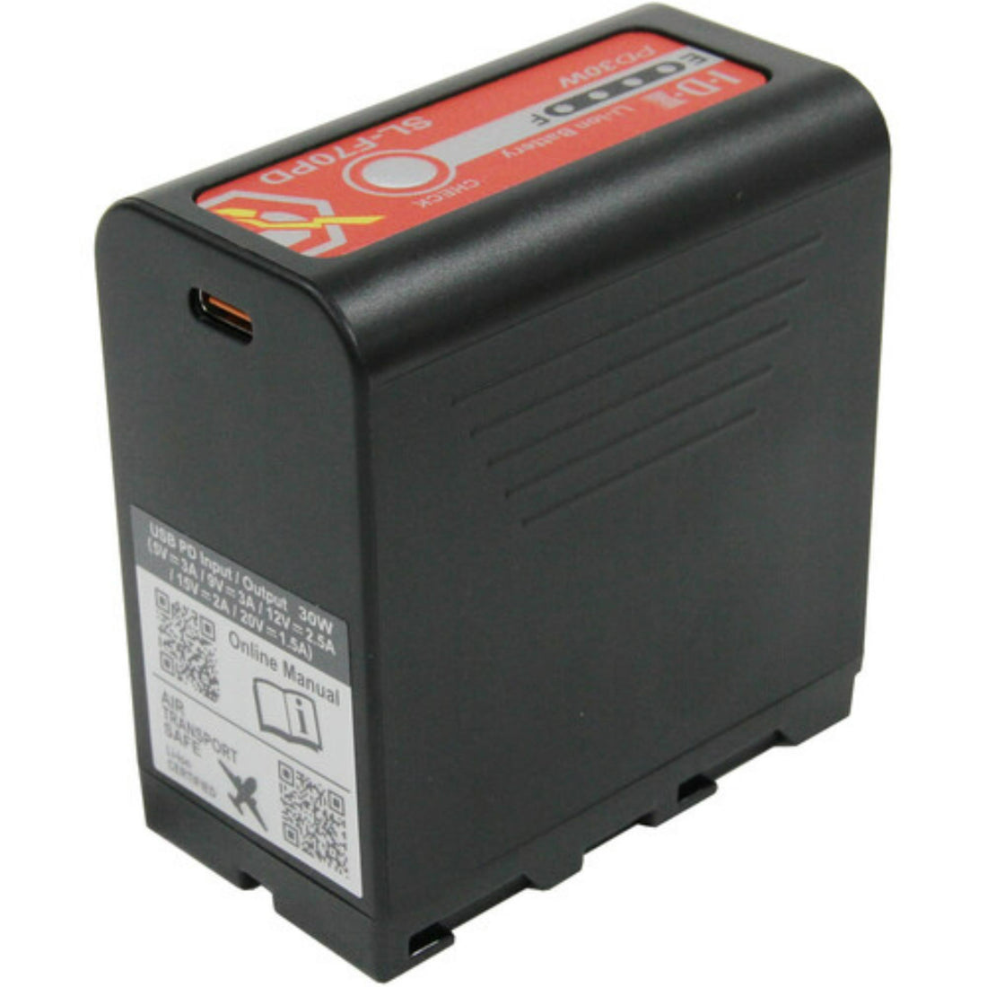 IDX System Technology SL-F70PD Sony L-Series battery with USB-C PD port, right side view showing X-Tap and connection ports. – image 2