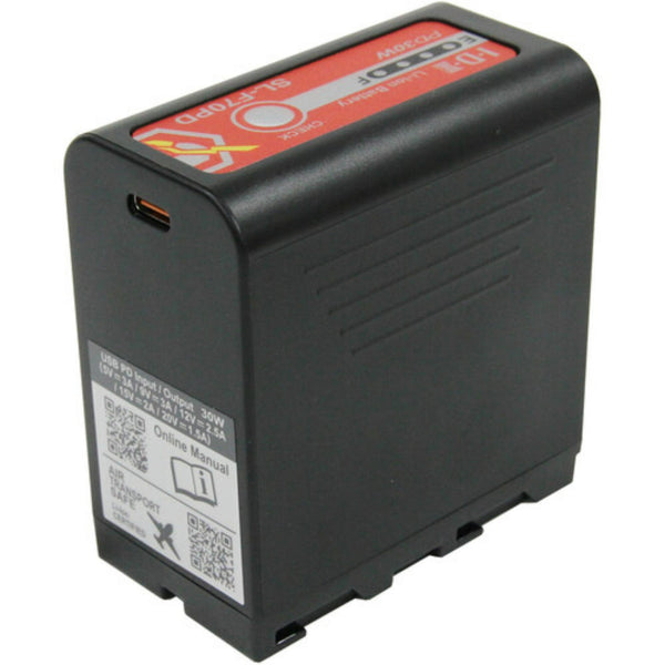 IDX System Technology SL-F70PD Sony L-Series battery with USB-C PD port, right side view showing X-Tap and connection ports. – image 2