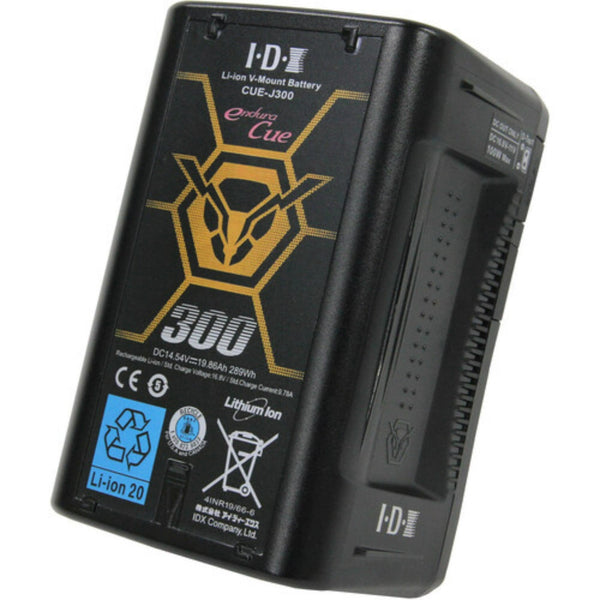 IDX System Technology CUE-J300 high-load V-mount battery with 286Wh capacity, shown from front-left angle – image 1