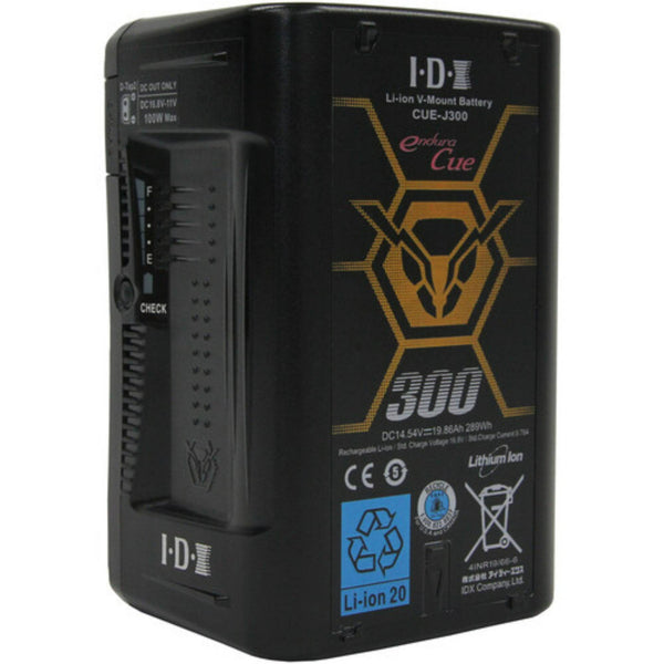 IDX System Technology CUE-J300 high-load V-mount battery with 286Wh capacity, shown from front right angle. – image 3