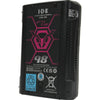 IDX System Technology CUE-J98 V-Mount battery with 95Wh capacity, shown from front-left angle, featuring V-mount connector and battery labels.