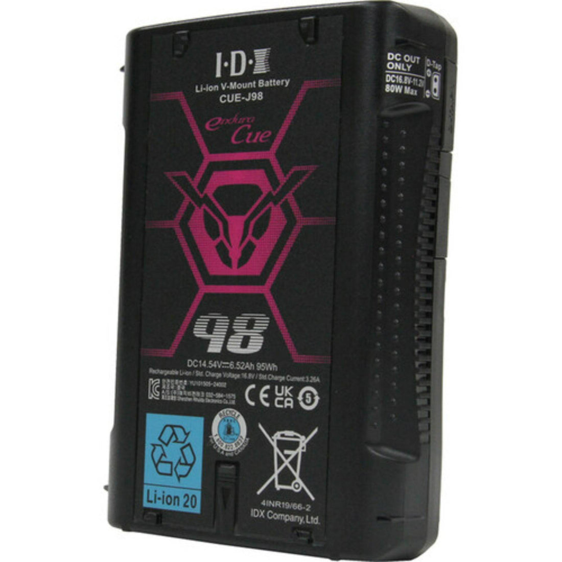 IDX System Technology CUE-J98 V-Mount battery with 95Wh capacity, shown from front-left angle, featuring V-mount connector and battery labels. – image 4