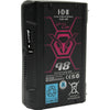 IDX System Technology CUE-J98 V-Mount battery with 95Wh capacity, shown from front right angle, featuring V-mount connector and display panel.