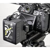 Close-up of IDX System Technology Imicro-98P 97Wh high-load lithium-ion mini V-mount battery for video cameras.