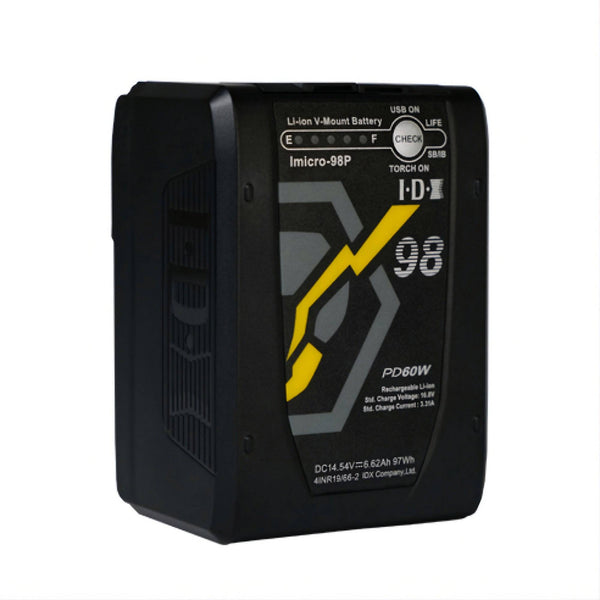 IDX System Technology Imicro-98P 97Wh high-load lithium-ion mini V-mount battery for professional video cameras, front right view – image 2