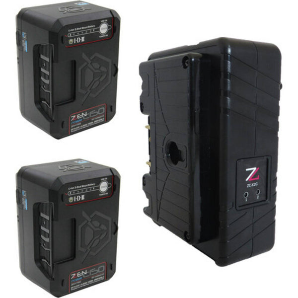 IDX System Technology ZC-X2G dual-channel Li-ion battery charger with two ZEN-C150G batteries in a full kit view. – image 2