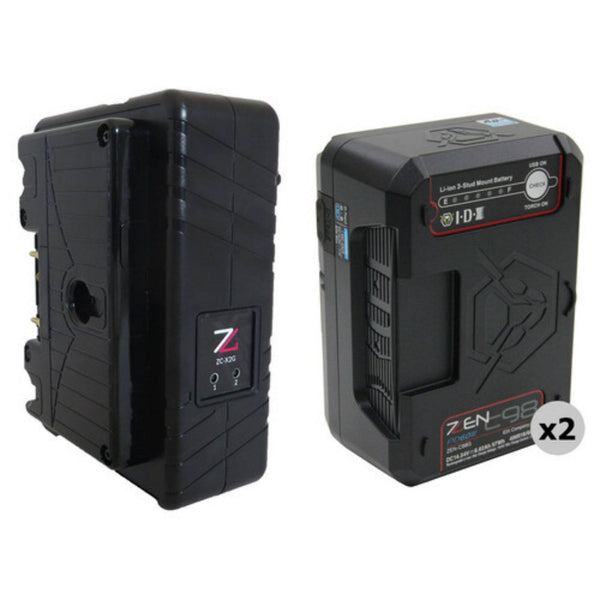 IDX System Technology ZC-X2G dual-channel Li-ion battery charger with two ZEN-C98G batteries, showing the charger and batteries connected. – image 1