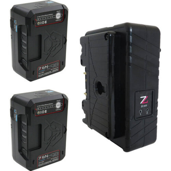 IDX System Technology ZC-X2G dual-channel Li-ion battery charger with two ZEN-C98G batteries, full kit view. – image 2