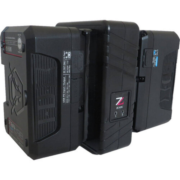 IDX System Technology ZC-X2G dual-channel Li-ion battery charger with gold mount, shown with batteries from a left perspective. – image 7
